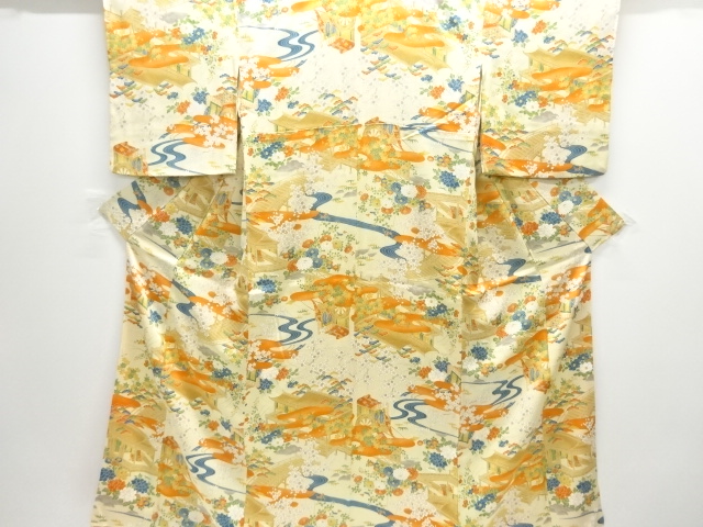 屋敷に御所車・草花模様小紋着物